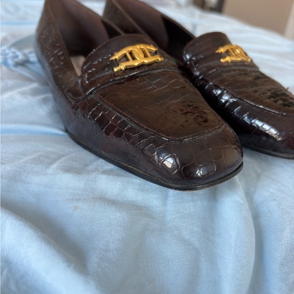 Etienne Aigner Dark Brown Croc-Embossed Leather Loafers with Gold Accent - Picture 5 of 8